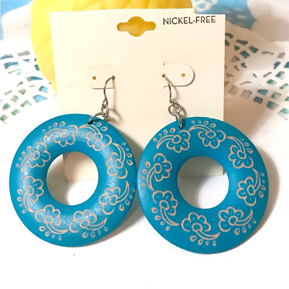 Blue Wooden Hoop Earrings